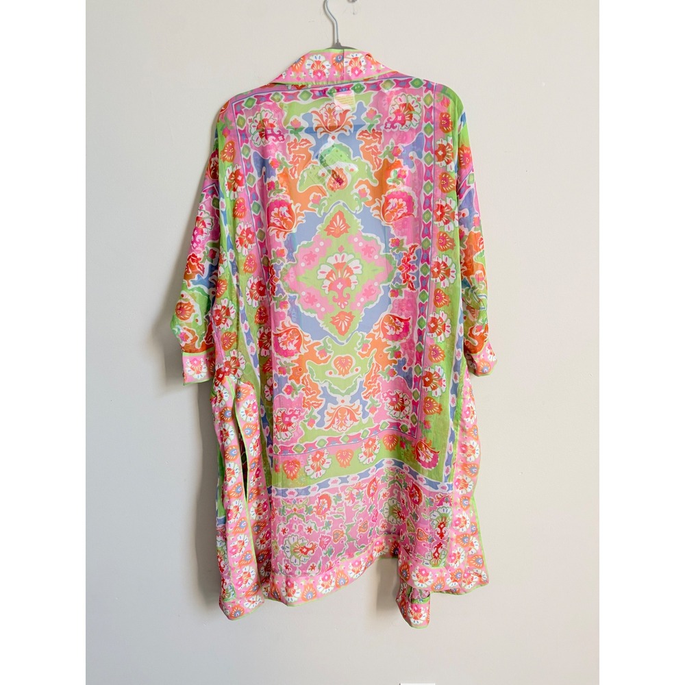 Gretchen Scott Poly Crepe Kimono Pink Lime Watteau Floral Duster ML New - Picture 4 of 6